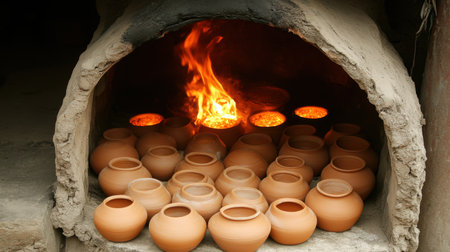 A traditional kiln filled with clay pots being fired is depicted in this warm and inviting image, showcasing the artisan's craft and dedication to pottery.の素材