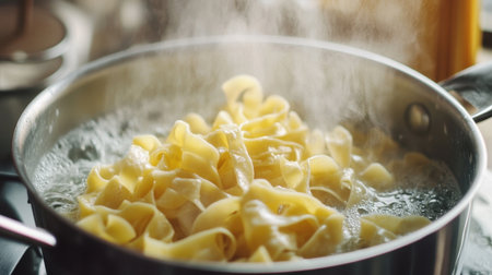 A close-up view of freshly cooked pasta steaming in a pot, capturing the bubbles of boiling water and the culinary magic of home cooking.の素材