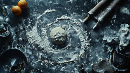 A rustic kitchen scene featuring a round dough, flour scattered on the surface, rolling pins, and fresh oranges, inviting culinary creativity.の素材