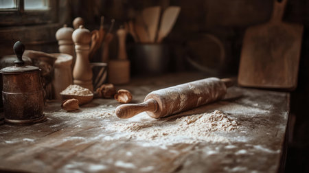 A cozy rustic kitchen scene featuring a rolling pin, flour, and wooden utensils scattered on a wooden table, evoking warmth and culinary creativity.の素材