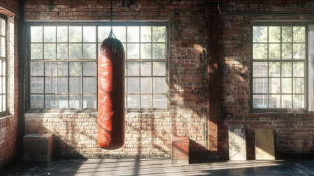 A vintage boxing gym interior featuring a leather punching bag hanging in front of large windows. Natural light streams in, creating dramatic shadows along the brick walls.の素材