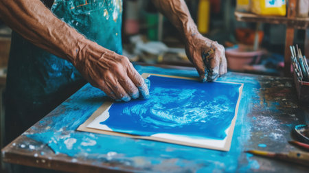 A skilled artist applies vibrant blue paint on a canvas in a creative workspace. The image captures the artistic process with expressive hands and surrounding art supplies.の素材