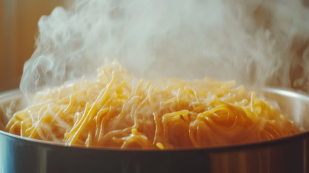 A beautiful close-up image of freshly cooked pasta steaming in a silver pot, showcasing delicious noodles and the rising aroma of heat. Perfect for culinary content.の素材