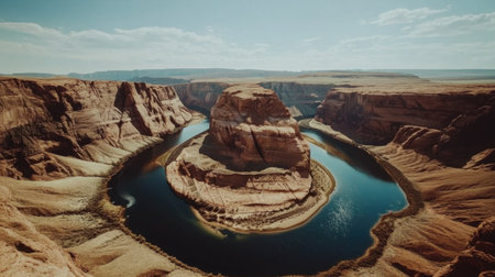 This stunning aerial view captures the iconic Horseshoe Bend, showcasing its unique rock formations and the winding river that flows through. The bright sky enhances the serene landscape, perfect for travel and nature enthusiasts.の素材