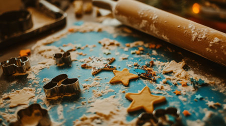 A vibrant baking scene featuring colorful cookie cutters and a rolling pin scattered on a blue surface amid flour. Perfect for holiday inspiration!の素材