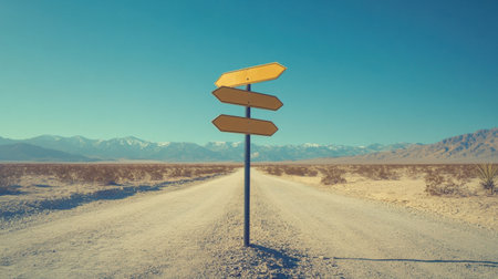 A solitary signpost stands in the middle of a dusty desert road, featuring blank directional arrows. The backdrop showcases majestic mountains under a clear blue sky.の素材