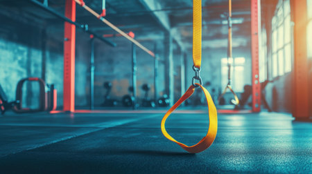 Capture the essence of fitness and strength in a modern gym featuring a suspension strap hanging in a well-lit, open space. Ideal for wellness and training themes.の素材