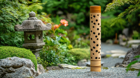 A captivating bamboo water feature adorned with polka dots stands elegantly in a serene Japanese garden, surrounded by vibrant greenery, stones, and a charming stone lantern, inviting tranquility and reflection amidst natureの素材
