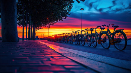 A stunning sunset paints the sky in vibrant hues of orange, pink, and purple as a line of bicycles rests along a cobblestone pathway by the river.の素材