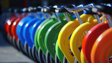 A vibrant collection of bicycles lined up at a rental station showcases bright colors in an urban scene, promoting leisure and outdoor activities.の素材