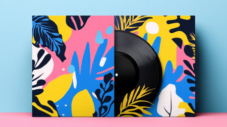 This vibrant album cover design features abstract colorful shapes alongside a classic black vinyl record, creating a striking artistic statement.の素材