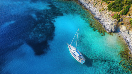 This stunning aerial shot captures a sailboat resting in the tranquil turquoise waters beside a rugged coastline. Ideal for travel enthusiasts.の素材