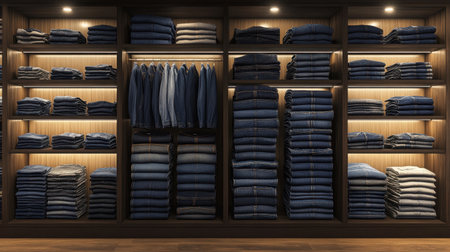 A stylish retail display featuring neatly folded denim jeans and jackets on well-organized shelves with warm lighting, showcasing fashion and retail design.の素材