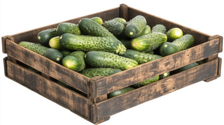 A rustic wooden crate overflowing with fresh cucumbers showcases the beauty of nature's harvest. Ideal for healthy recipes and colorful dishes.の素材