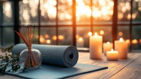 A serene yoga setup featuring a yoga mat, soothing incense, and glowing candles, all bathed in warm sunset light, perfect for relaxation and mindfulness.の素材