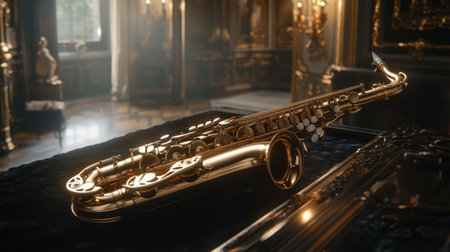 A beautifully crafted golden saxophone positioned on luxurious velvet, set against a richly decorated interior, showcasing artistic elegance and opulence.の素材