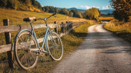 A vintage bicycle leans against a rustic fence along a scenic gravel path, surrounded by lush fields and golden sunlight, inviting relaxation and adventure.の素材