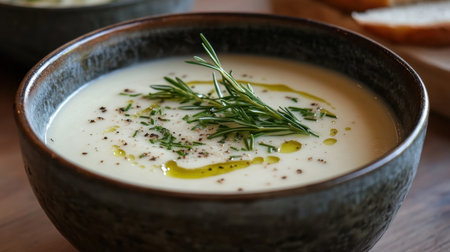 A creamy soup served in a rustic brown bowl, topped with a drizzle of olive oil and fresh rosemary, perfect for a cozy meal or kitchen recipe.の素材