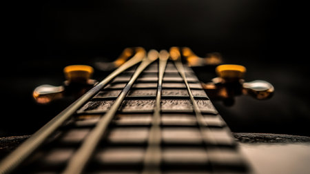 This captivating close-up image showcases the neck of a violin, highlighting the strings and tuning pegs with artistic detail. The soft lighting enhances the rich textures and craftsmanship, inviting a sense of musical harmony and appreciation.の素材