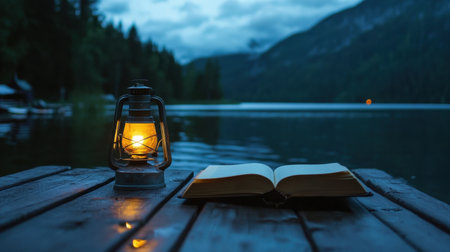 A serene lakeside scene featuring an illuminated lantern and an open book on a rustic dock, inviting relaxation and reflection in the evening light.の素材