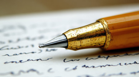 This image captures a close-up view of a gold-plated pen poised above handwritten notes on paper, illustrating the beauty of writing and creative expression.の素材
