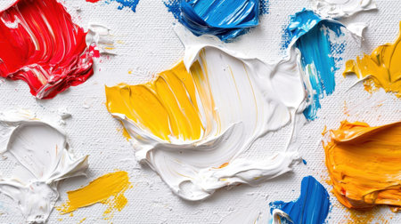 A close-up view of vibrant paint swirls on a textured canvas, showcasing a bright color palette ideal for artistic projects and inspiration.の素材