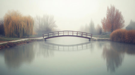 A serene misty landscape showcasing a wooden bridge over a still pond. Captured in soft light, the scene evokes tranquility with autumn foliage and gentle reflections.の素材