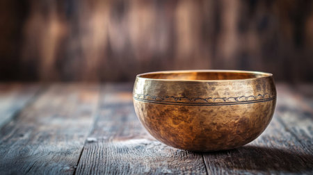 This image features an antique brass bowl with beautiful intricate designs, set against a rustic wooden background, ideal for home decor and design inspiration.の素材