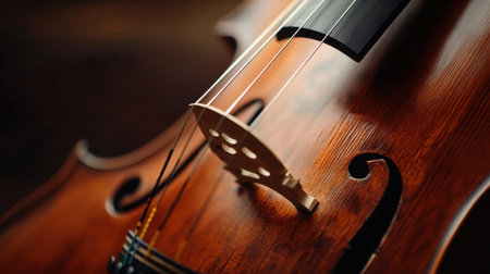 This close-up image captures the exquisite details of a violin, highlighting the intricate wood grain and sound holes, perfect for art and music themes.の素材