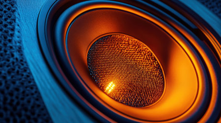 This close-up photograph captures the intricate texture of a speaker cone illuminated by warm lighting, showcasing audio technology and design elements.の素材