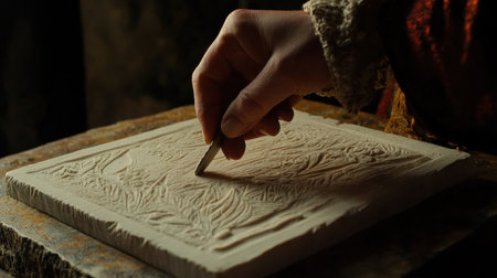 A skilled artisan meticulously carves intricate patterns into a soft material, capturing detailed textures and artistic expression in a softly lit workshop atmosphere.の素材