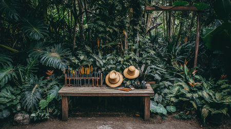 A tranquil jungle setting featuring a rustic wooden bench adorned with straw hats and musical instruments, surrounded by rich tropical foliage and vibrant greenery.の素材