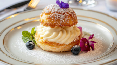 A beautifully crafted cream puff dessert topped with whipped filling, powdered sugar, and edible flowers, perfect for upscale dining experiences.の素材