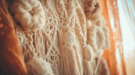 This beautiful macrame wall hanging showcases intricate knots and patterns in soft neutral colors, creating a warm and inviting atmosphere that's perfect for any interior style.の素材