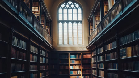 This image portrays a classic library interior with tall windows allowing soft light to illuminate rows of books. The tranquil atmosphere invites study and reflection, showcasing detailed architecture and a rich collection of literature, perfect for learning and inspiration.の素材