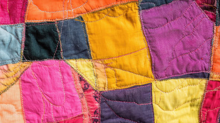 This vibrant patchwork quilt showcases a medley of colorful fabric squares, beautifully stitched together. The intricate design highlights a mix of warm and cool tones, adding texture and artistic flair to any space.の素材