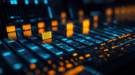 Explore the intricate details of a digital audio mixer featuring bright LED displays. This abstract representation captures the essence of sound technology in a visually stimulating way.の素材