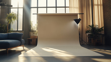 This spacious photography studio features a neutral backdrop and large windows, allowing abundant natural light for various creative sessions and photoshoots.の素材