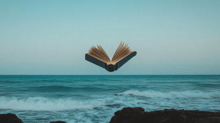 A mesmerizing image of an open book floating above gentle ocean waves, embodying freedom and inspiration in a tranquil coastal setting at dusk.の素材