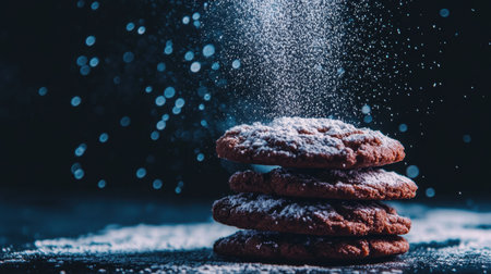 A mouthwatering stack of freshly baked cookies dusted with icing sugar, beautifully captured against a dark background, evoking warmth and indulgence.の素材