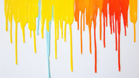 This image captures the essence of creativity with bright, vibrant paint drips in yellow, orange, and blue against a smooth white background, ideal for art themes.の素材