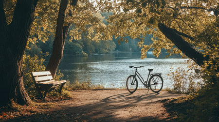 A peaceful lakeside scene featuring a bicycle beside a bench under leafy trees. The warm afternoon sunlight creates a tranquil atmosphere, inviting relaxation.の素材