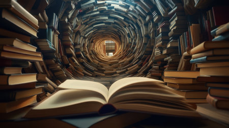 An open book lies at the center of a mesmerizing tunnel formed by countless stacked books, creating a captivating atmosphere for readers and learners.の素材