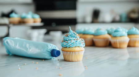 A beautiful cupcake with vibrant blue frosting and sprinkles sits on a marble countertop, showcasing culinary creativity in a modern kitchen.の素材