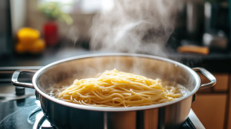 A beautiful scene of pasta cooking in a stainless steel pot, capturing steam rising in a cozy kitchen, perfect for culinary enthusiasts and food lovers.の素材