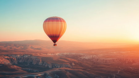 A breathtaking view of a colorful hot air balloon soaring gracefully over a stunning landscape at sunrise, showcasing the beauty of nature and adventure.の素材