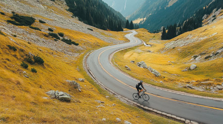 A lone cyclist navigates a winding mountain road, showcasing the beauty of nature with vibrant greenery and rocky landscapes under a bright sky.の素材