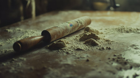 A rustic kitchen scene featuring a rolling pin on a flour-dusted wooden surface. Ideal for illustrating cooking, baking, and homemade culinary concepts.の素材