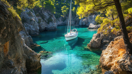 A beautiful sailboat rests in tranquil turquoise waters, surrounded by rocky cliffs and lush greenery, creating a picturesque escape into nature.の素材