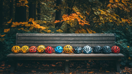 A captivating display of colorful bicycle helmets arranged neatly on a wooden bench, surrounded by breathtaking autumn foliage, capturing the essence of outdoor cycling.の素材